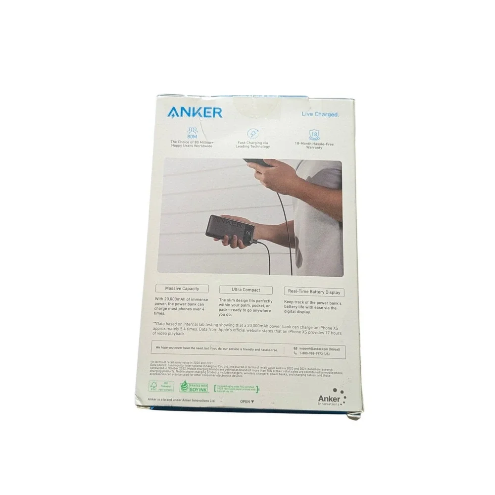 Oo4U Anker Power Bank (20000mAh, 15W,‎ USB-A+USB-C Input/Output, 2-Port) Black